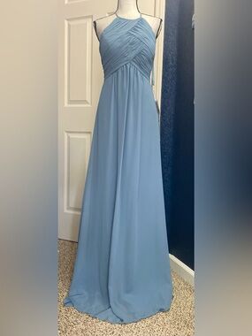 Mori Lee Halter Chiffon Maxi Dress in Dusty Blue